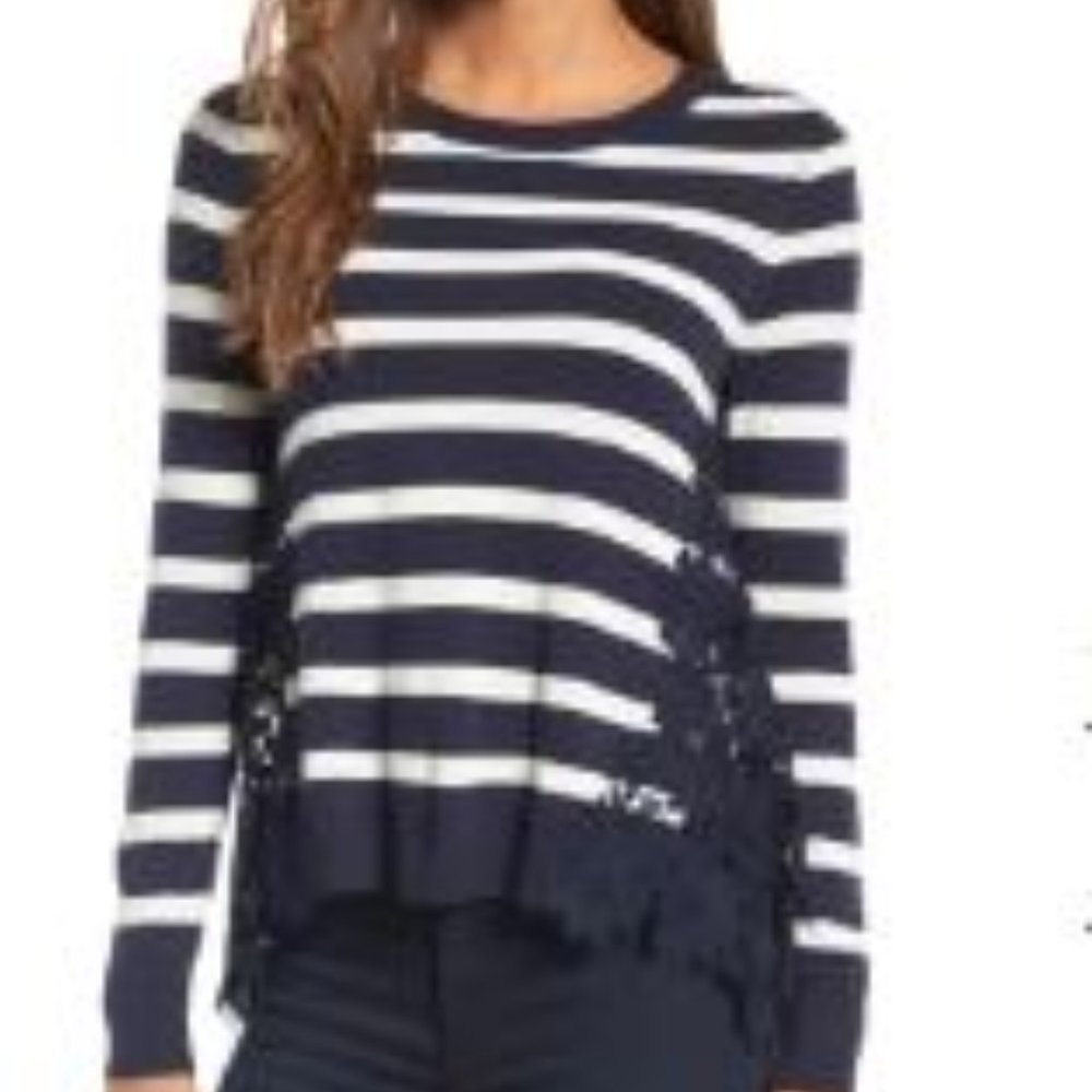 Chelsea28 Lace Sweater, Navy & white Stripe, small